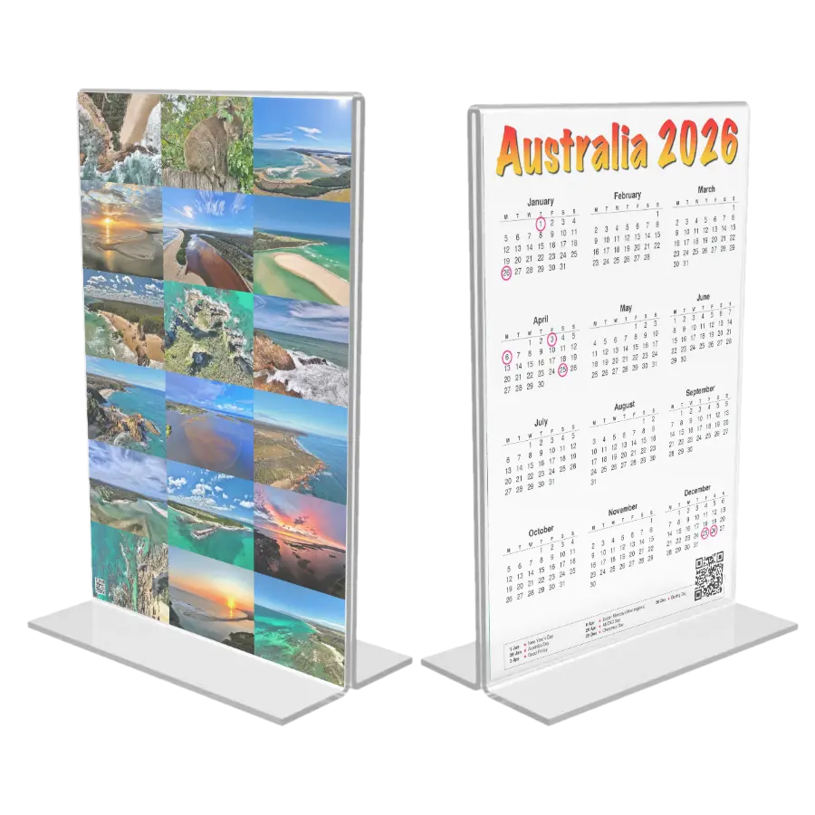 Click to view larger image of the double-sided A4 calendar in a perspex stand